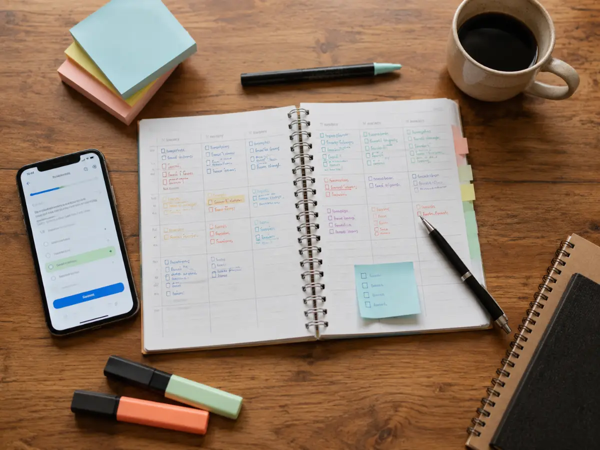 Lernplan zur §34a Sachkundeprüfung mit Kalender, Notizen und strukturierten Lernwochen