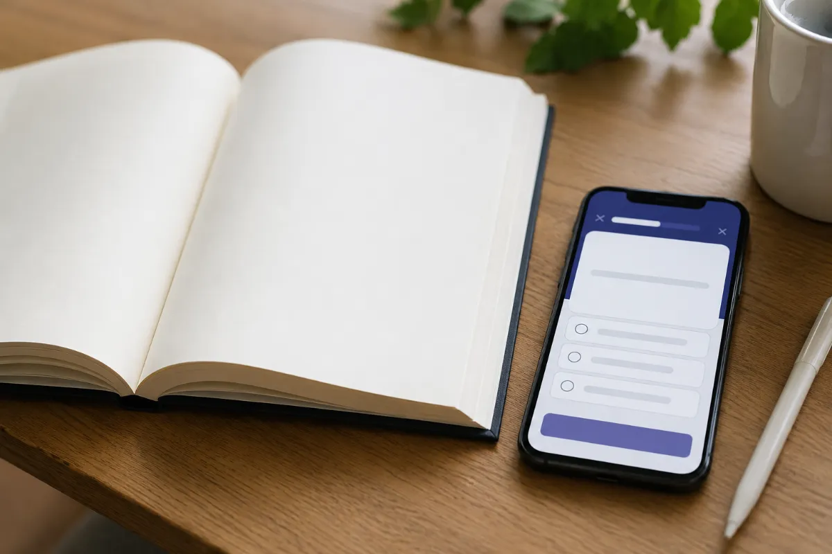 Aufgeschlagenes Lernbuch zur §34a Sachkundeprüfung neben einem Smartphone mit Übungs-App