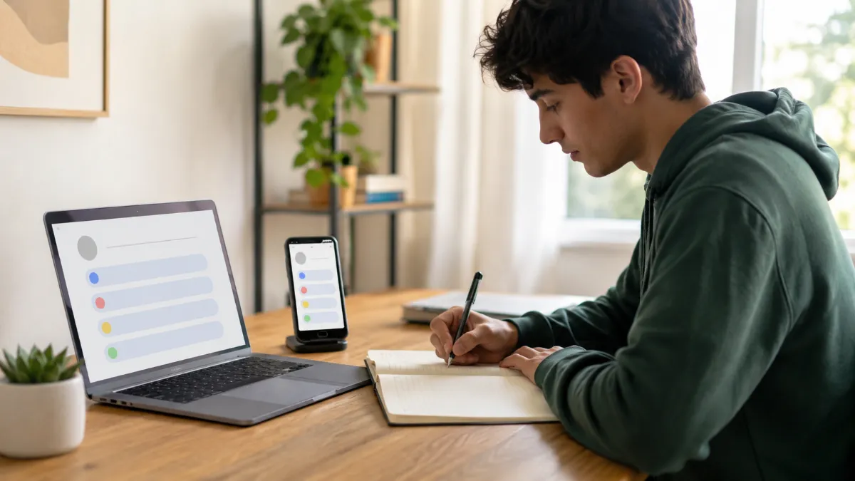 Digitale Lernvorbereitung für die §34a Sachkundeprüfung mit Laptop, Smartphone und Notizen