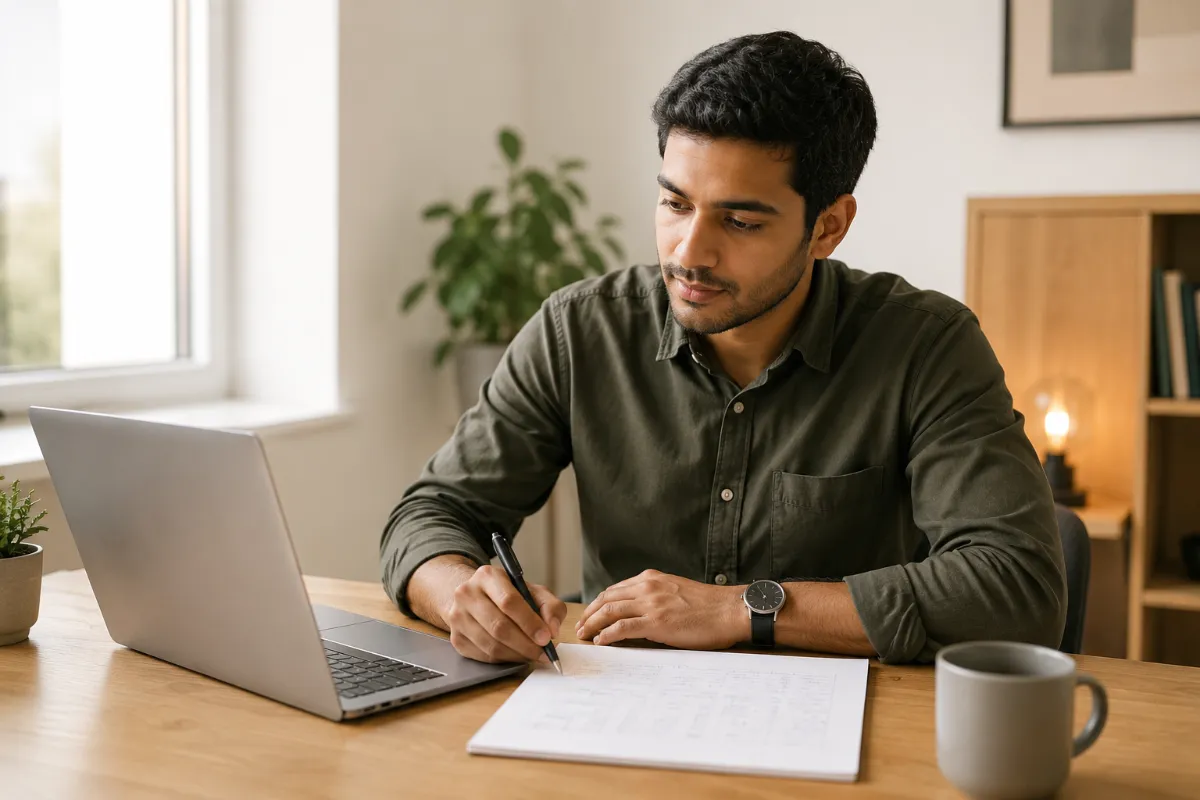 Übersicht der Kosten für den §34a Schein mit Laptop und handschriftlichen Notizen