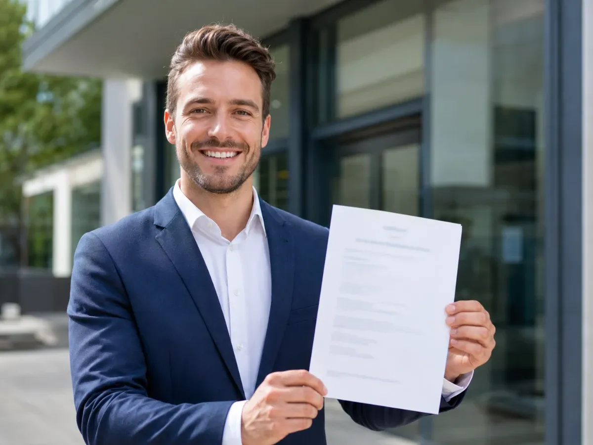 Bestandene Sachkundeprüfung §34a — Person hält IHK-Zeugnis in der Hand Bestandene Sachkundeprüfung §34a — Person hält IHK-Zeugnis in der Hand