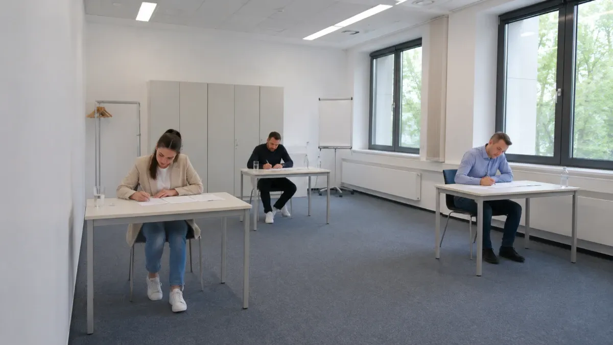 Schriftliche Sachkundeprüfung §34a bei der IHK — Prüflinge im Prüfungsraum Schriftliche Sachkundeprüfung §34a bei der IHK — Prüflinge im Prüfungsraum